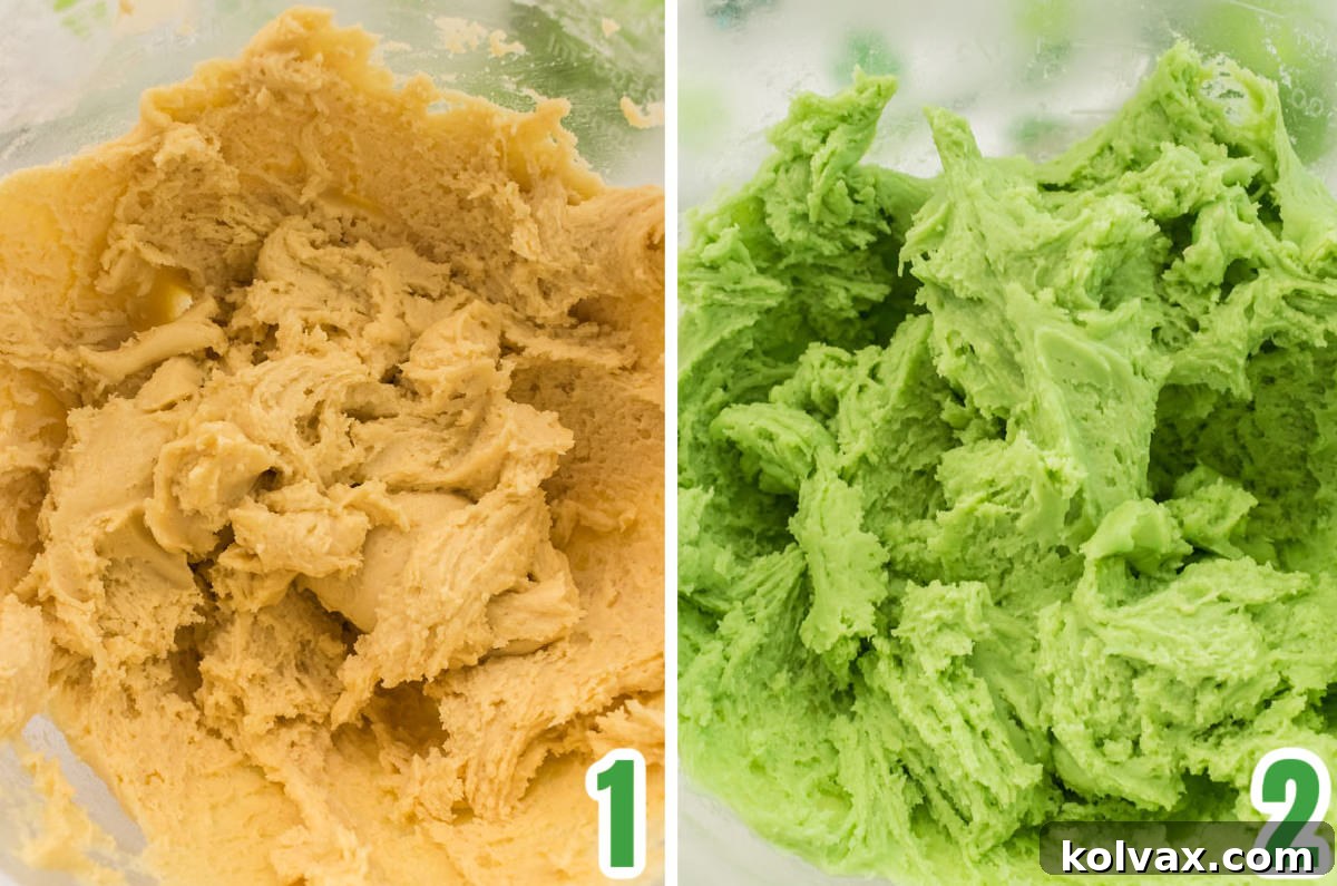 A two-part collage displaying the mint cookie dough, first in its natural pale state before food coloring is added, and then transformed into a beautiful light green after the coloring has been mixed in.