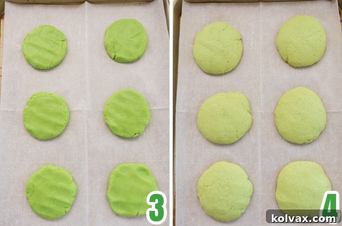 A visual collage illustrating the baking process of Shamrock Shake Cookies, showing the dough balls neatly arranged on a baking sheet before oven entry, and then transformed into golden-edged, perfectly baked cookies fresh out of the oven.