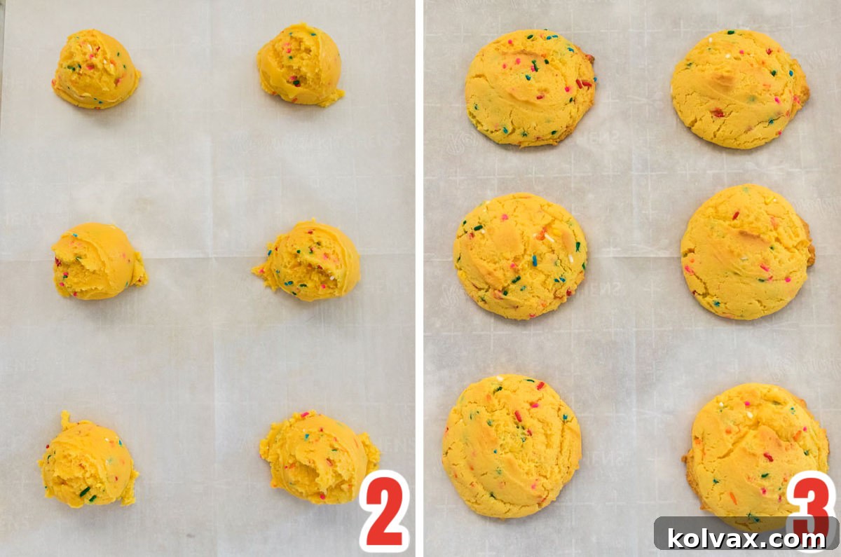 A collage showing Yellow Cake Mix Cookies before and after baking, highlighting their transformation from dough balls to golden, fluffy cookies.