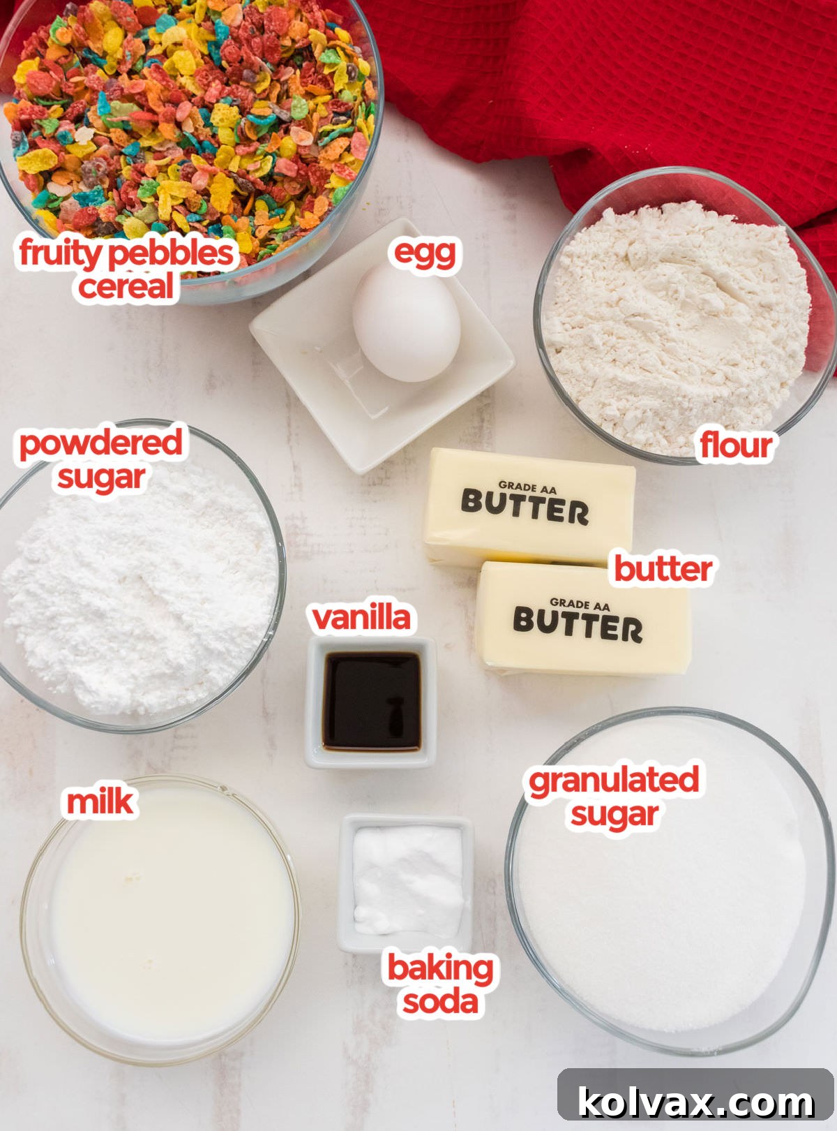 All the ingredients you will need to make Fruity Pebbles Sugar Cookies including Fruity Pebbles Cereal, Granulated Sugar, Butter, Egg, Vanilla, Baking Soda, Flour, Powdered Sugar and Milk.