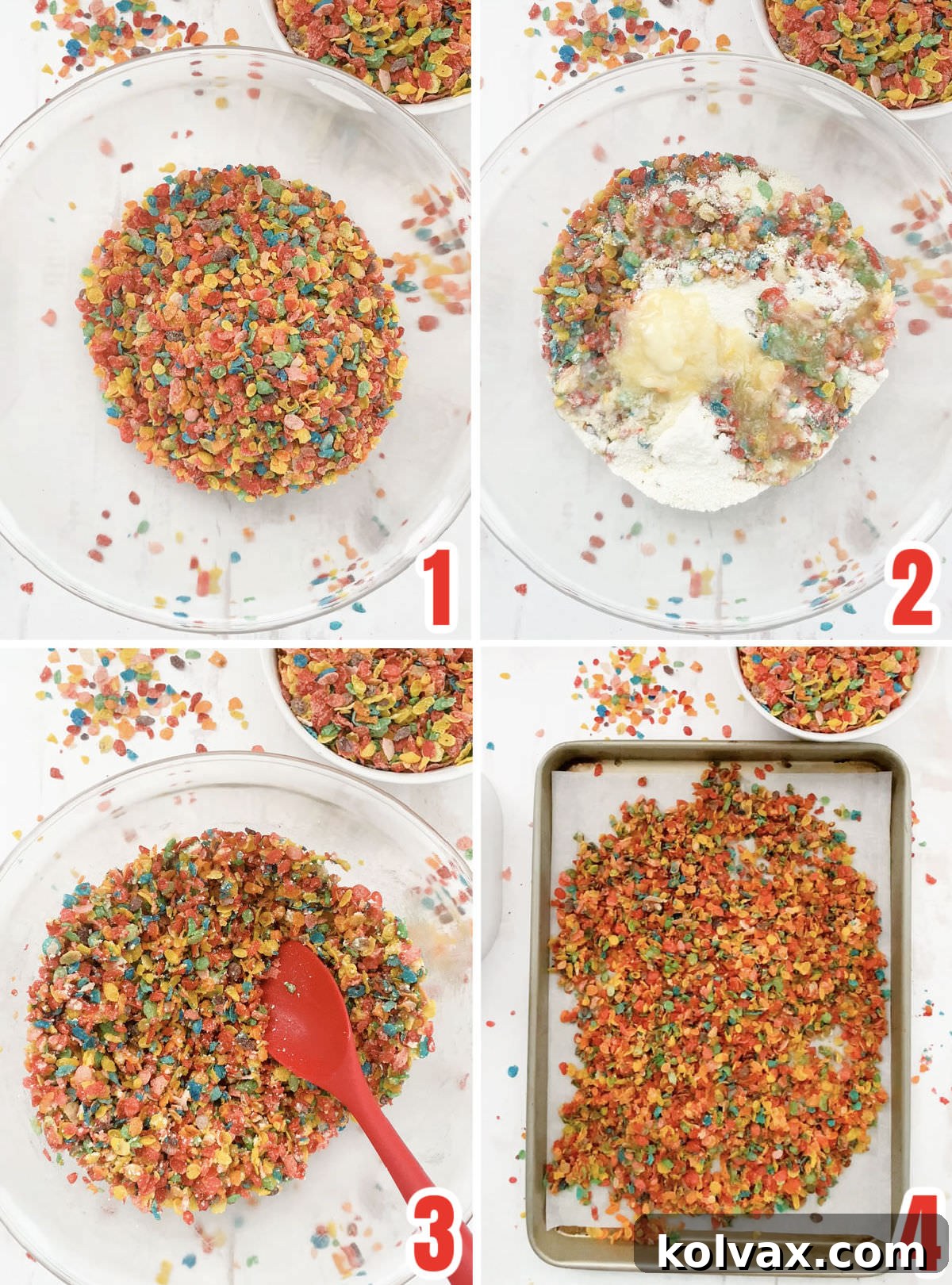 Collage image showing how to make the Fruity Pebbles Crumble.