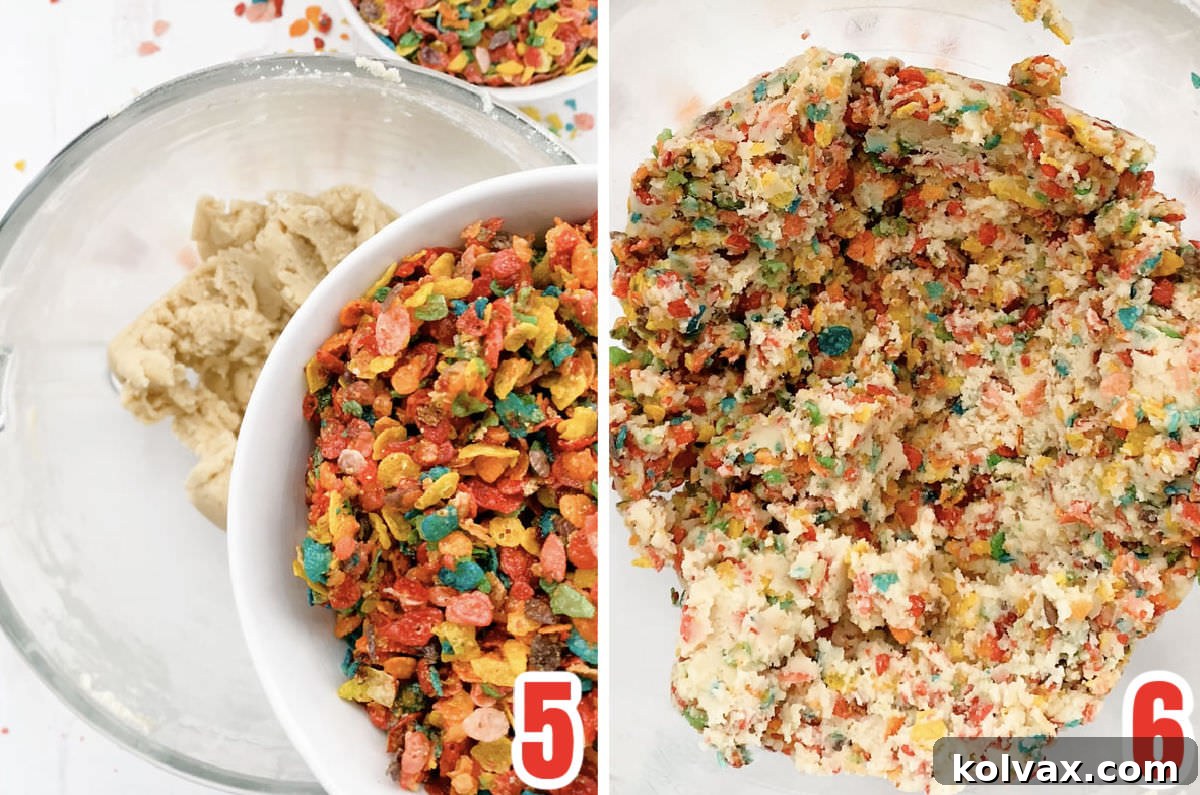 Collage image showing how to make the Fruity Pebbles cookie dough.
