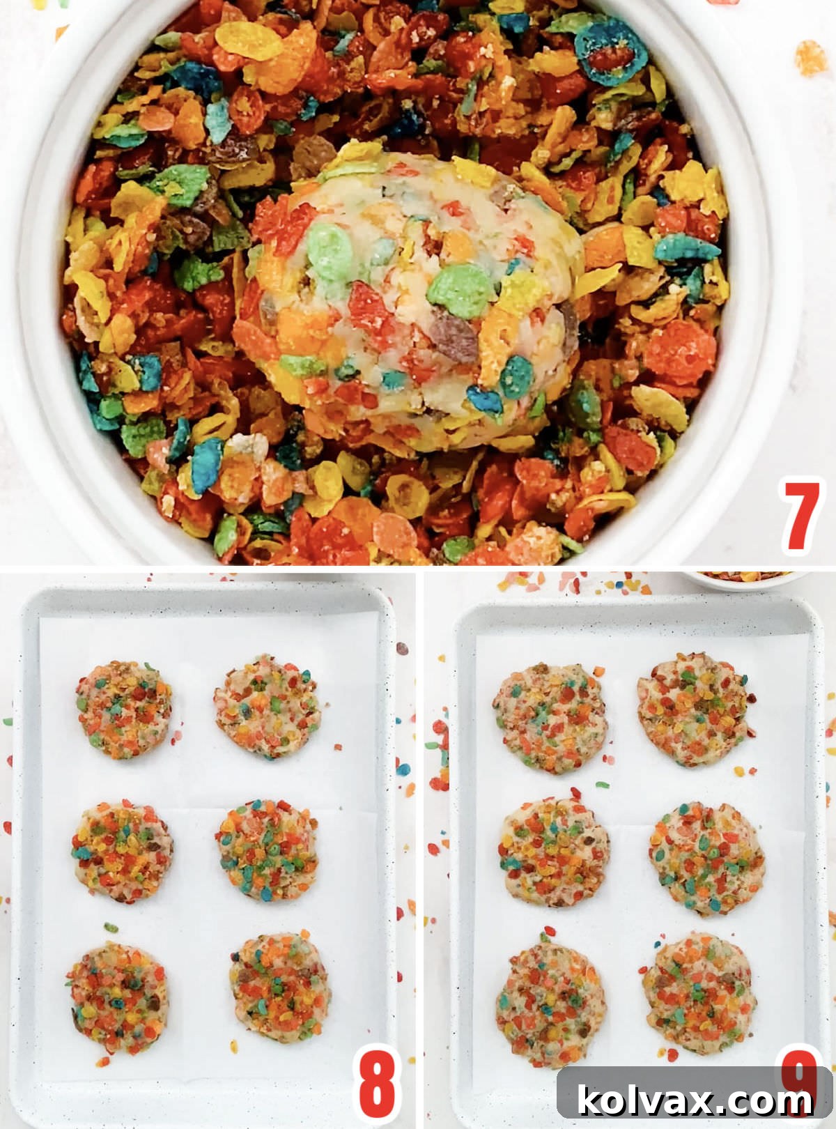 Collage image showing the Fruity Pebbles cookies before they go in the oven and after they come out of the oven.
