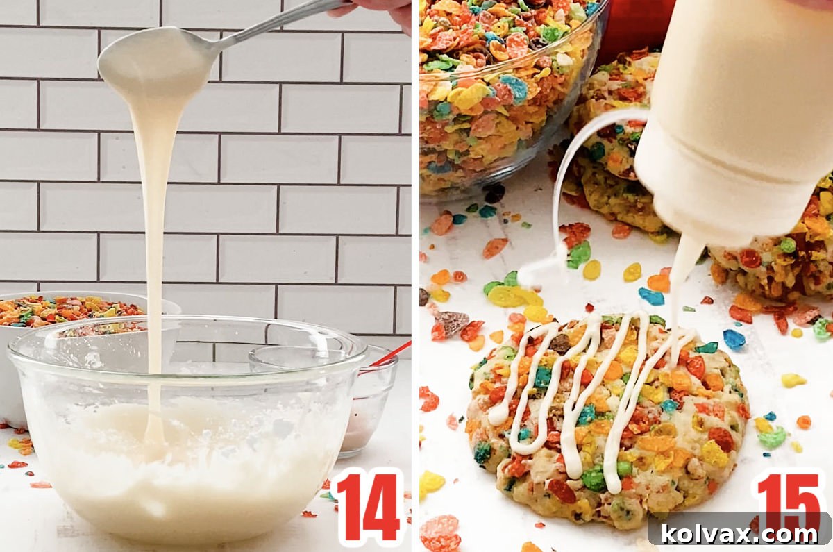 Collage image showing how to drizzle the Cereal Milk Icing over the Fruity Pebbles Cookies.