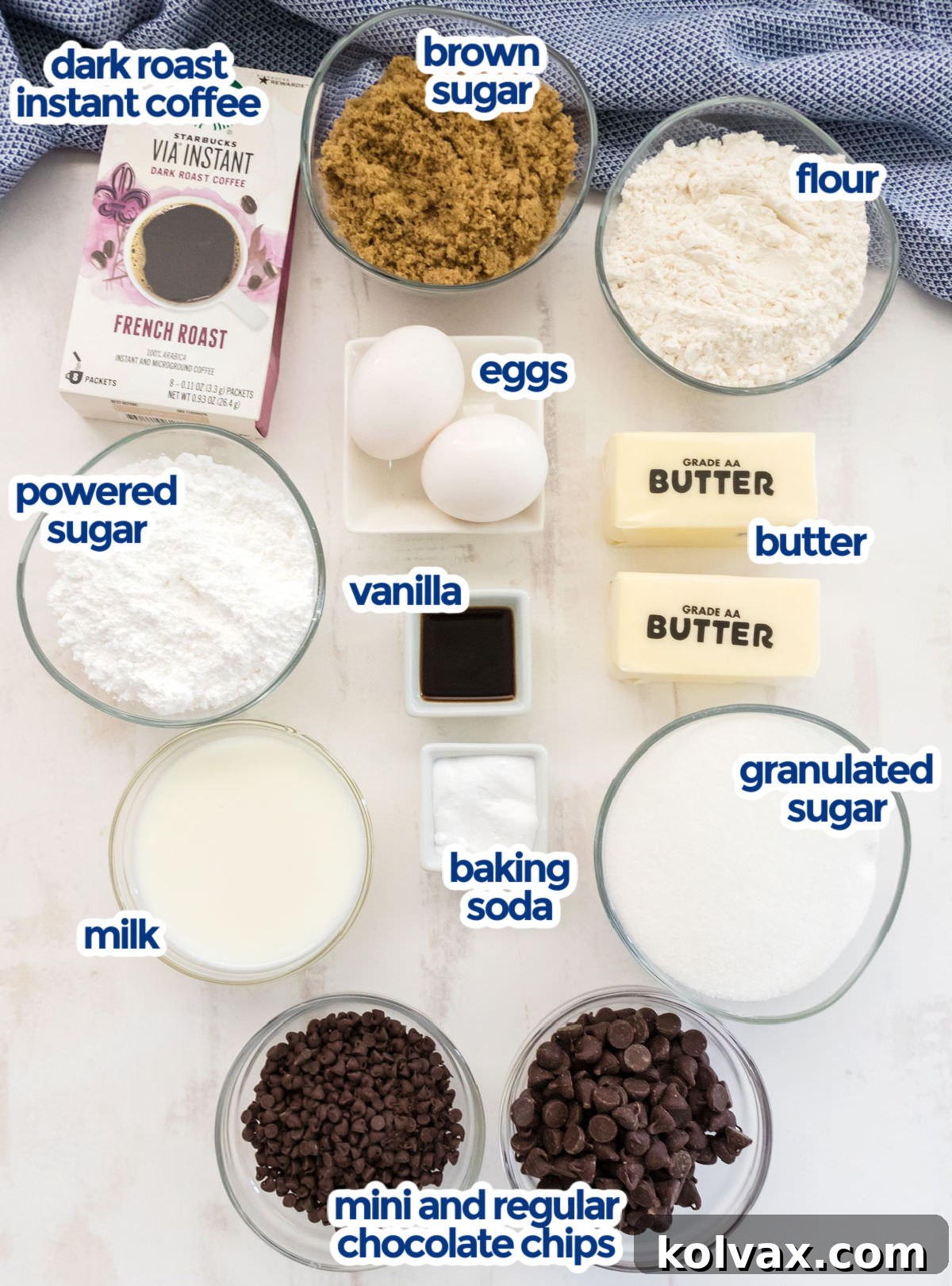 A vibrant flat lay showcasing all the essential ingredients for making the best Coffee Chocolate Chip Cookies: softened butter, granulated sugar, dark brown sugar, fresh eggs, pure vanilla extract, instant dark roast coffee, baking soda, all-purpose flour, and a generous mix of semi-sweet and mini chocolate chips.