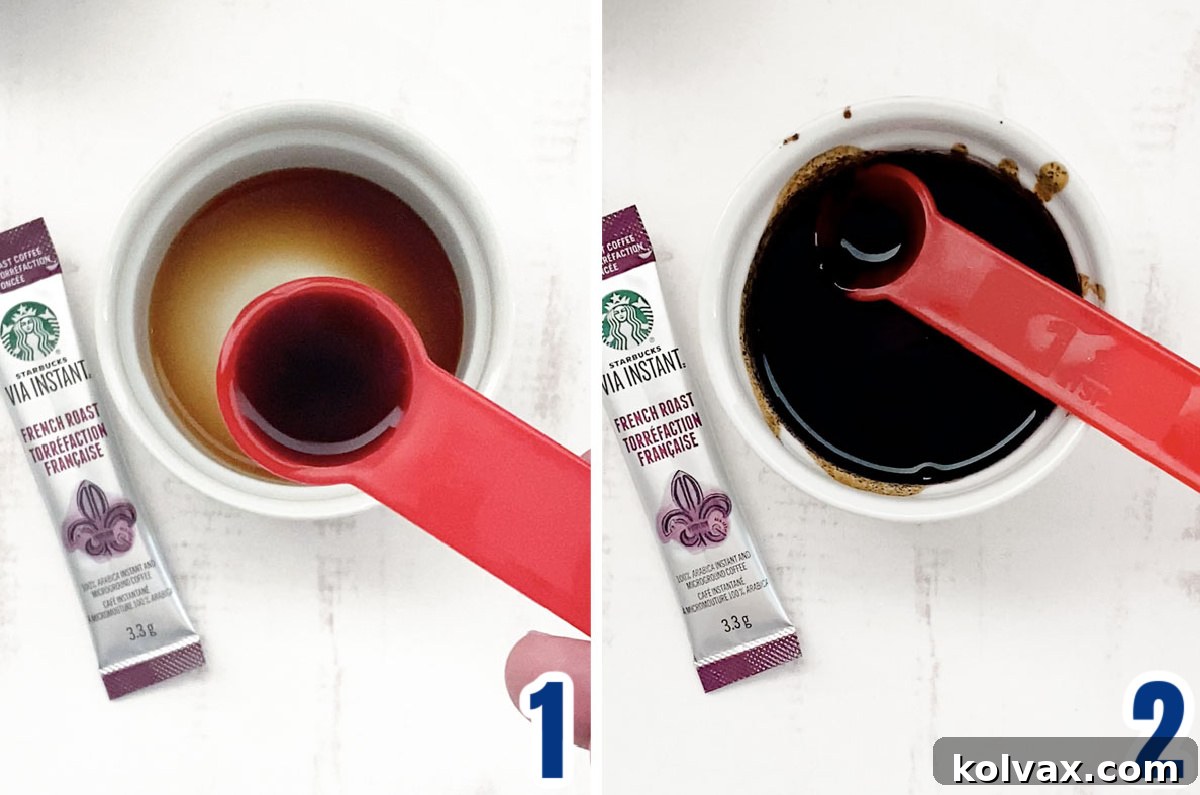A two-part collage demonstrating the crucial steps to prepare the coffee flavoring: a small bowl with vanilla extract, followed by the addition of dark roast instant coffee, and finally, the mixture stirred until fully dissolved and steeping.