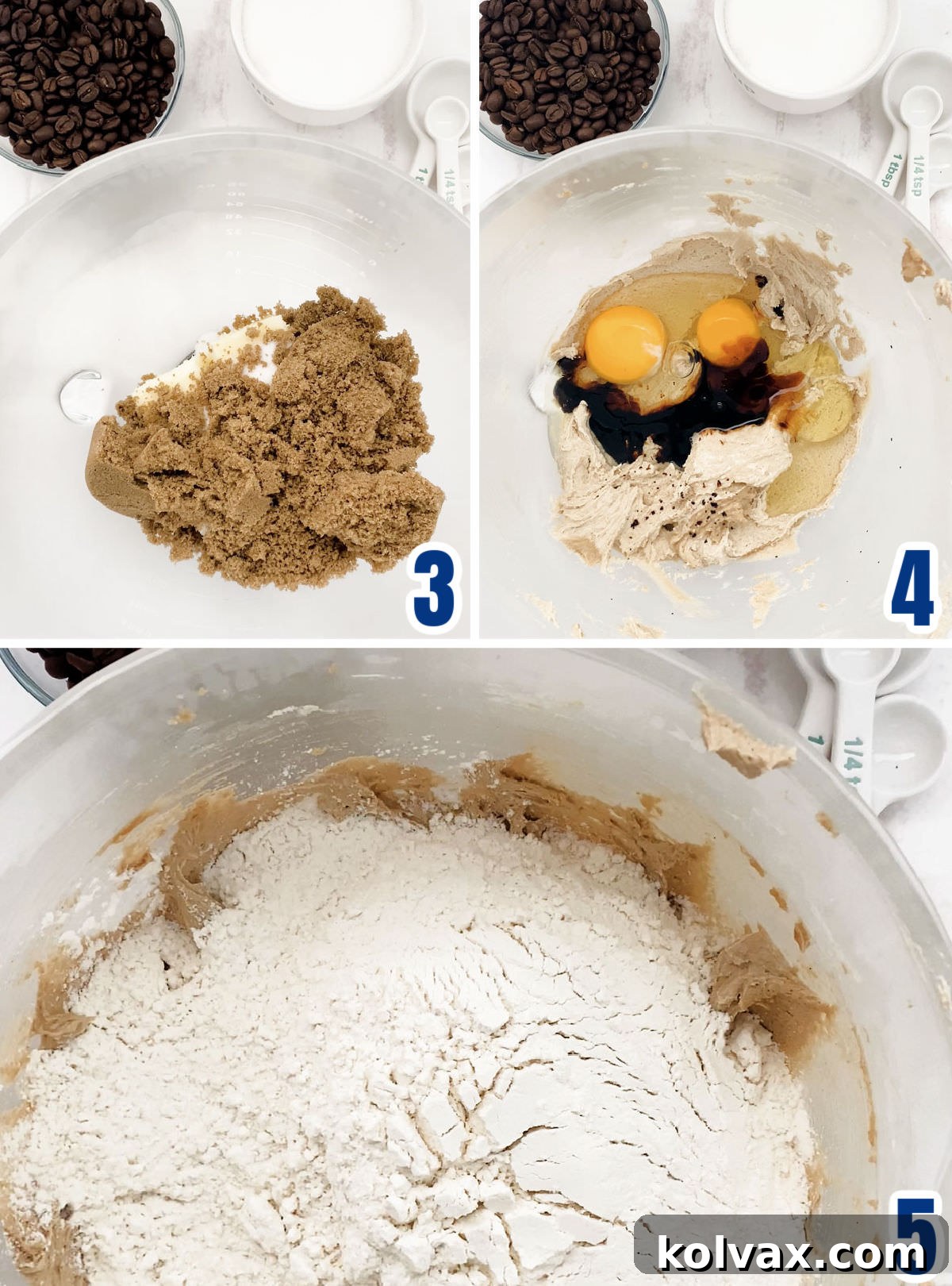 A three-part collage illustrating the steps to make the cookie dough for Coffee Chocolate Chip Cookies: creaming butter and sugars, mixing in eggs and the coffee-infused vanilla, and finally, gently combining flour and baking soda into a cohesive dough.