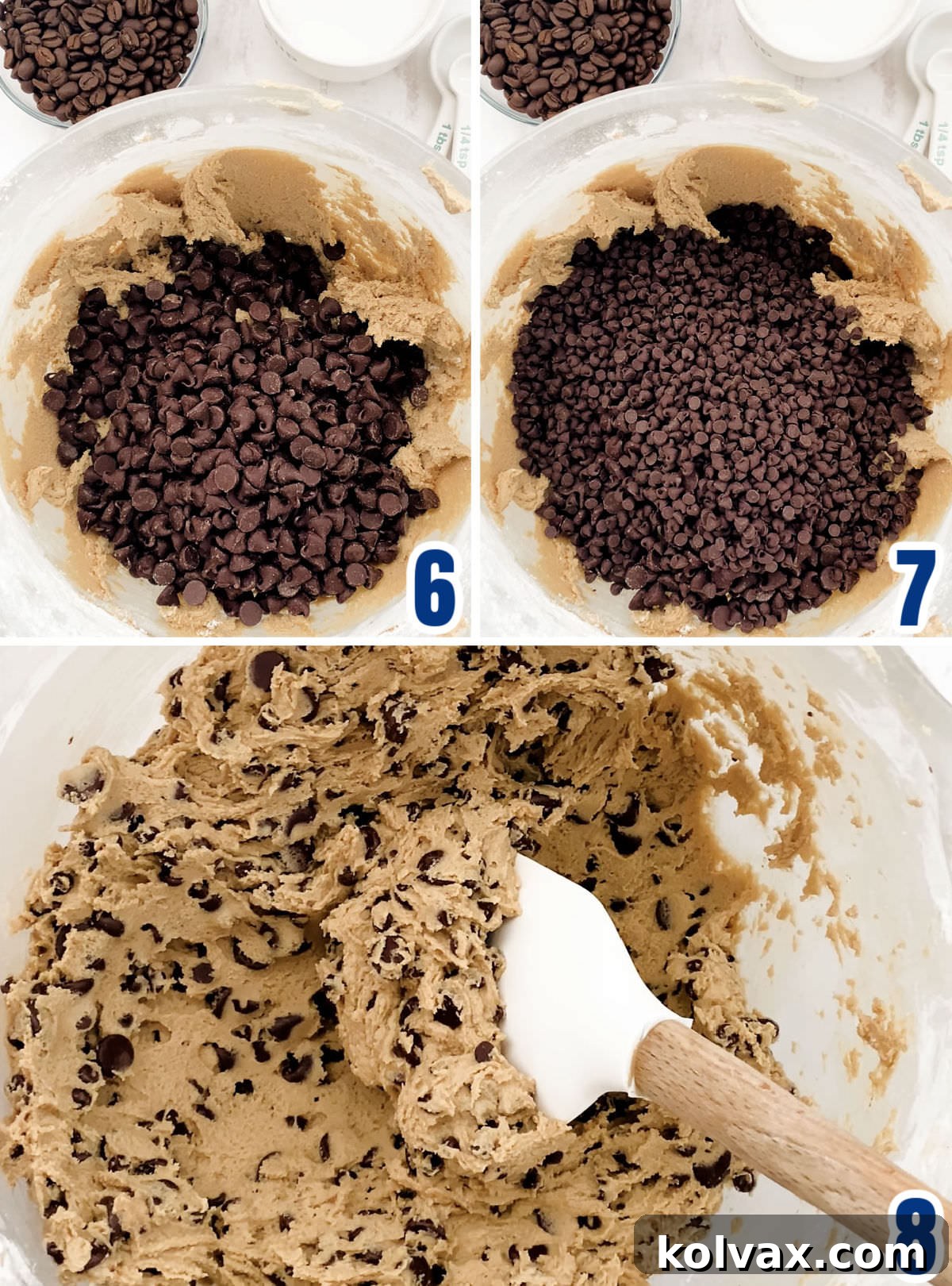 A two-part collage showing the final stages of making cookie dough: a bowl of freshly mixed cookie dough, followed by the addition of both regular and mini chocolate chips, and finally, the chips being folded into the dough until evenly distributed.