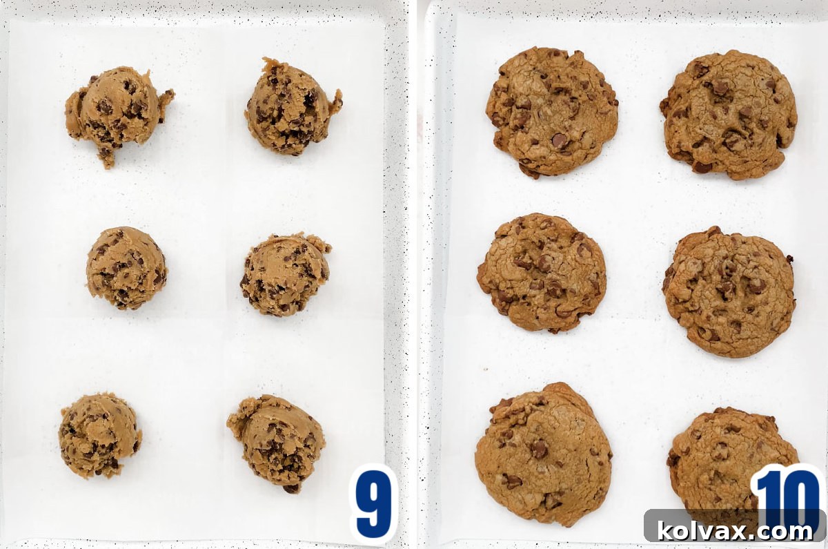 A collage displaying Coffee Chocolate Chip Cookies at two stages: freshly scooped dough balls placed on a parchment-lined baking sheet before baking, and then perfectly golden-brown, baked cookies fresh out of the oven, ready for cooling.