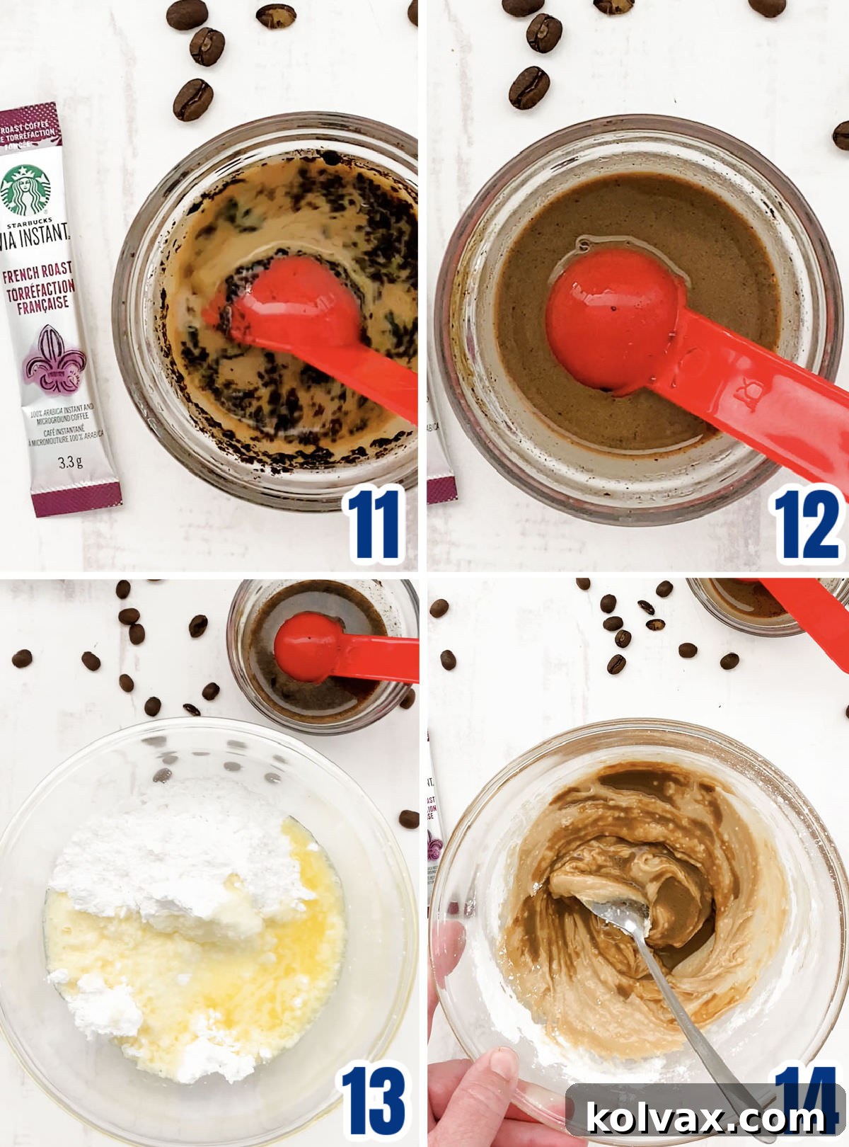 A step-by-step collage illustrating how to prepare homemade coffee icing: dissolving instant coffee in milk, combining powdered sugar with melted butter, and finally, gradually adding the coffee milk to achieve a smooth, drizzly consistency.