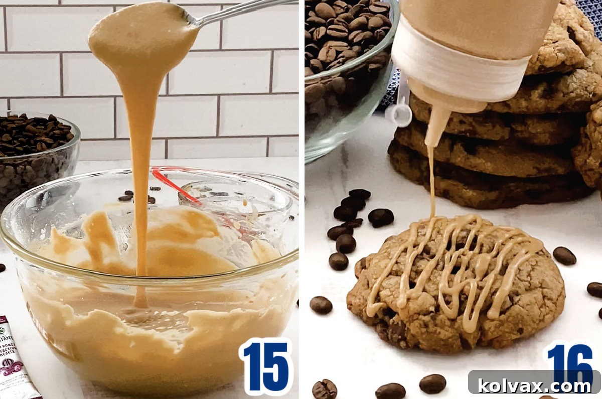 A two-part collage showing the final step of decorating: a batch of cooled Coffee Chocolate Chip Cookies ready for icing, and then delicious coffee icing being artfully drizzled over the cookies, creating an appealing finish.