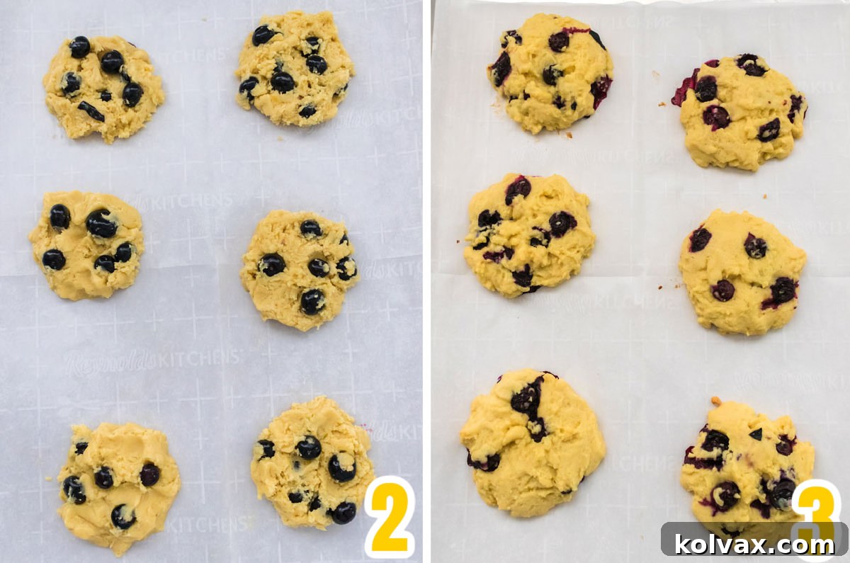 Collage image showing the unbaked Lemon Blueberry Cookie dough portions on a parchment-lined baking sheet and the golden brown, freshly baked cookies after coming out of the oven.
