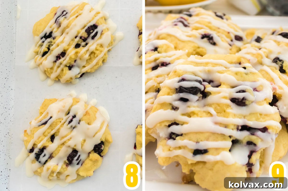 Collage image showing how to artfully drizzle the homemade Lemon Icing over the tops of the fully cooled Lemon Blueberry Cookies, creating a beautiful finish.