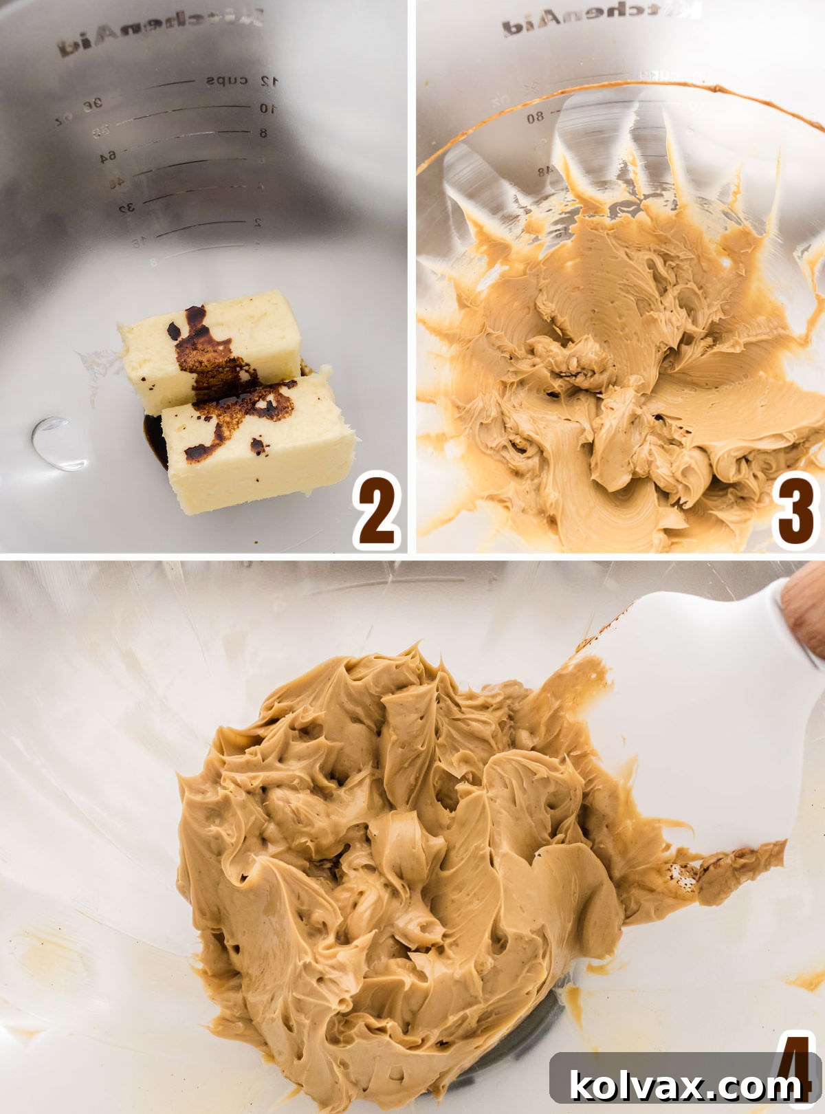 Velvet Coffee Buttercream 4 A collage of images demonstrating the process of mixing softened butter with the coffee-vanilla mixture in a stand mixer bowl for homemade coffee icing.