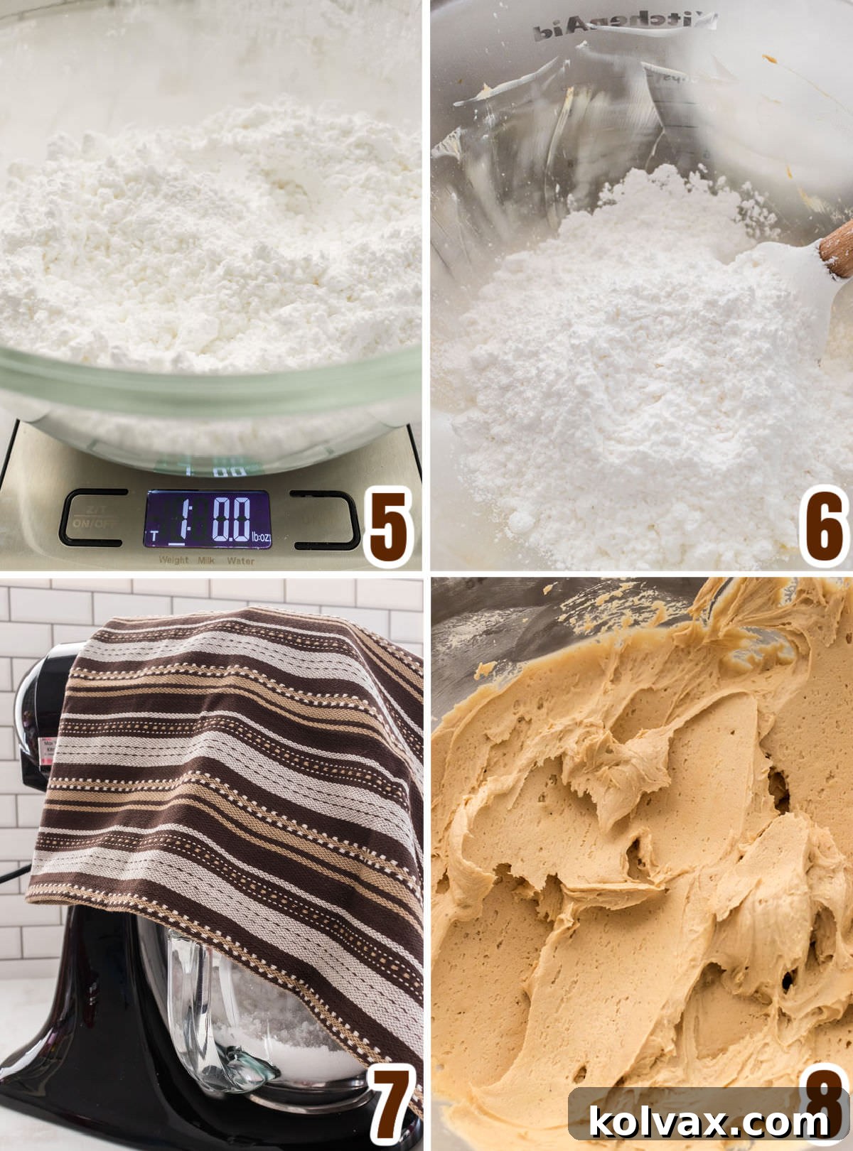 Velvet Coffee Buttercream 5 A collage of images illustrating the steps for adding powdered sugar to the butter and coffee mixture to create the frosting.