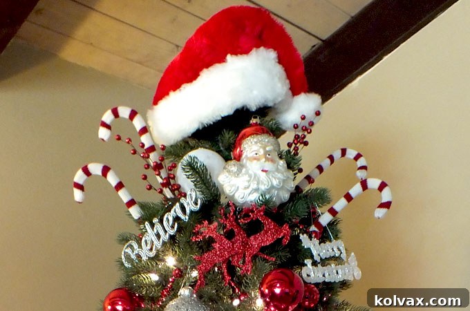 A festive Santa-themed Christmas tree, showcasing the author's perfected decorating formula.