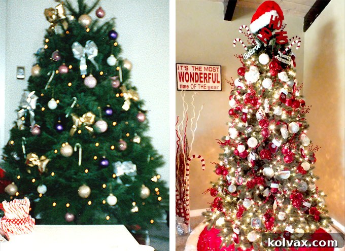 The author's very first Christmas tree, featuring a regrettable pink and purple decoration theme, highlighting a journey of decorating evolution.