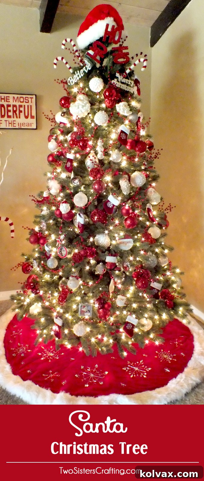 A stunning, fully decorated Santa Christmas Tree, showcasing the culmination of the detailed decorating formula, ready for the holidays.