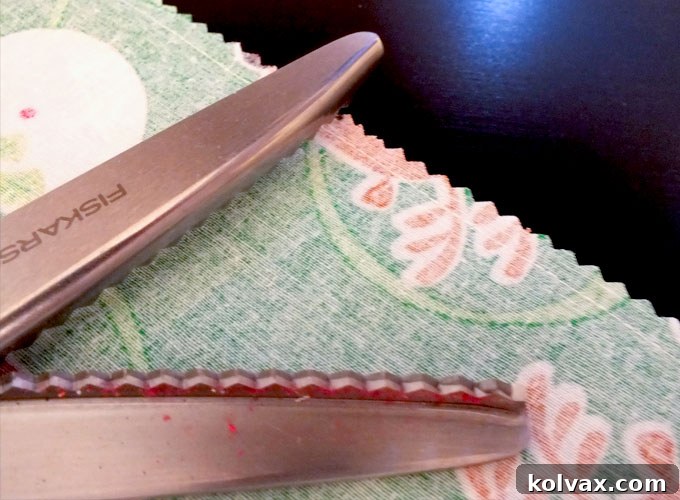 Trimming seams with pinking shears for Christmas pillowcases