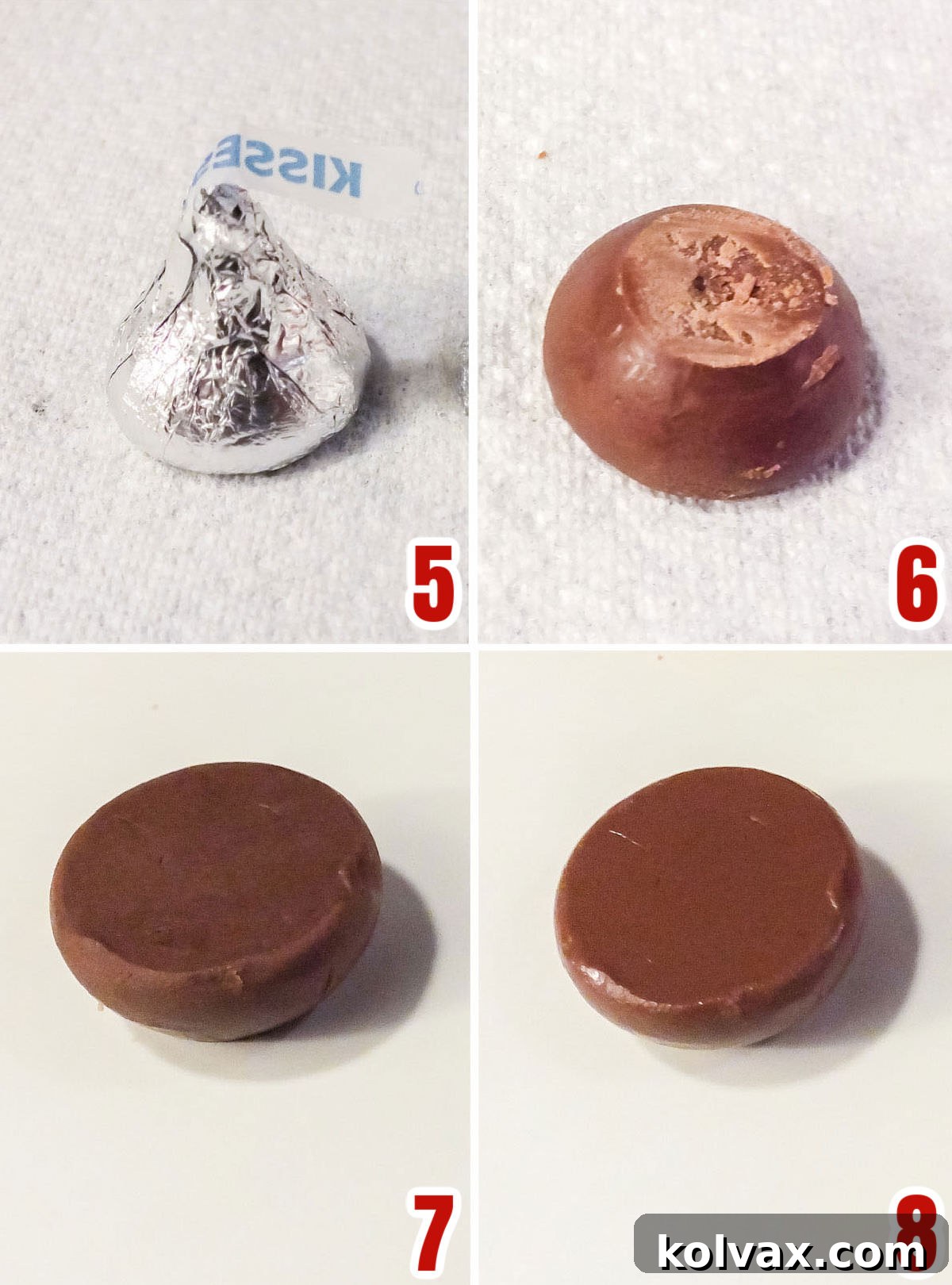 A collage of images illustrating the process of preparing Hershey's Kisses for the pretzel bites, including unwrapping, slicing the tip, and arranging them for melting.