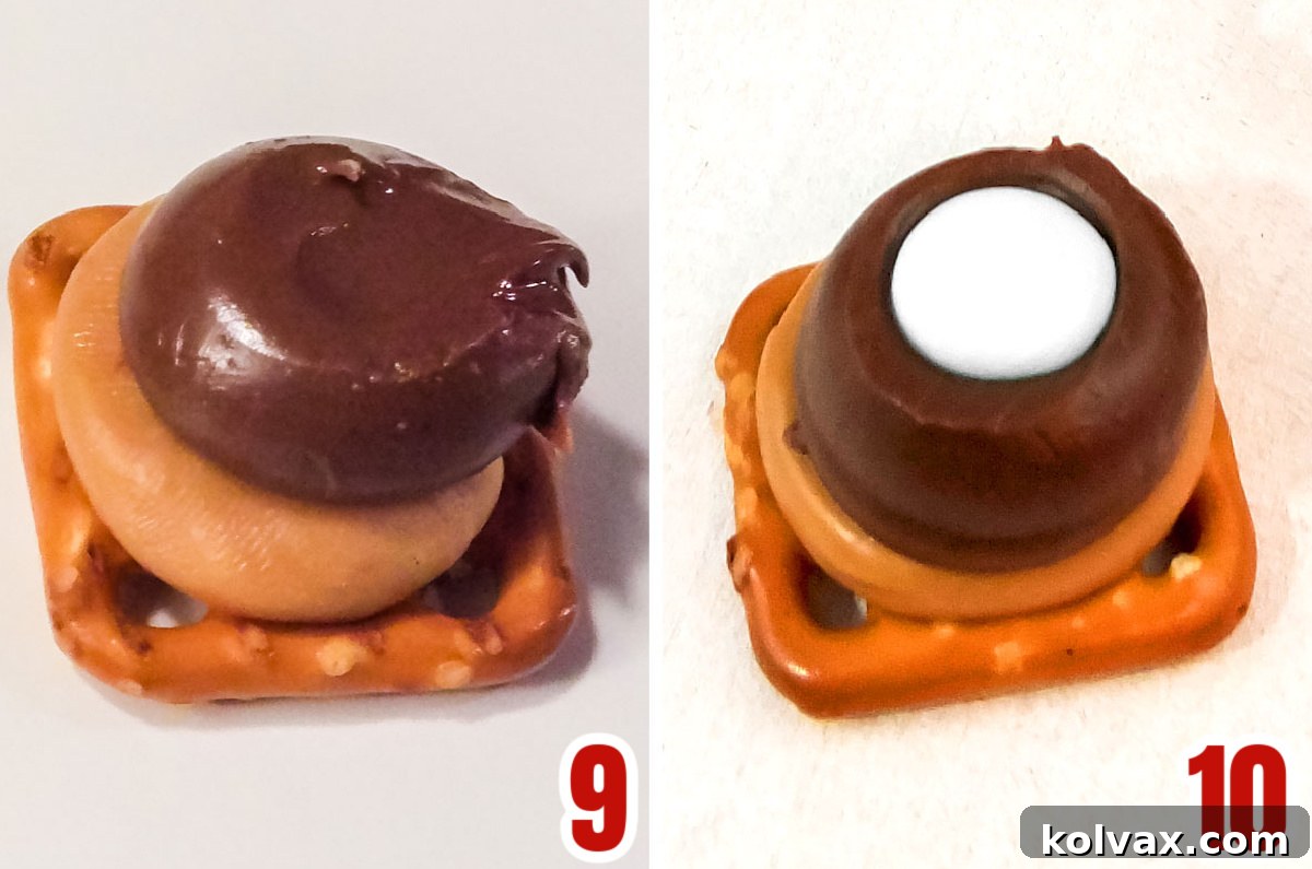 A collage showing the final steps of assembling Christmas Caramel Pretzel Bites, including pressing a colorful M&M into the softened chocolate disc.