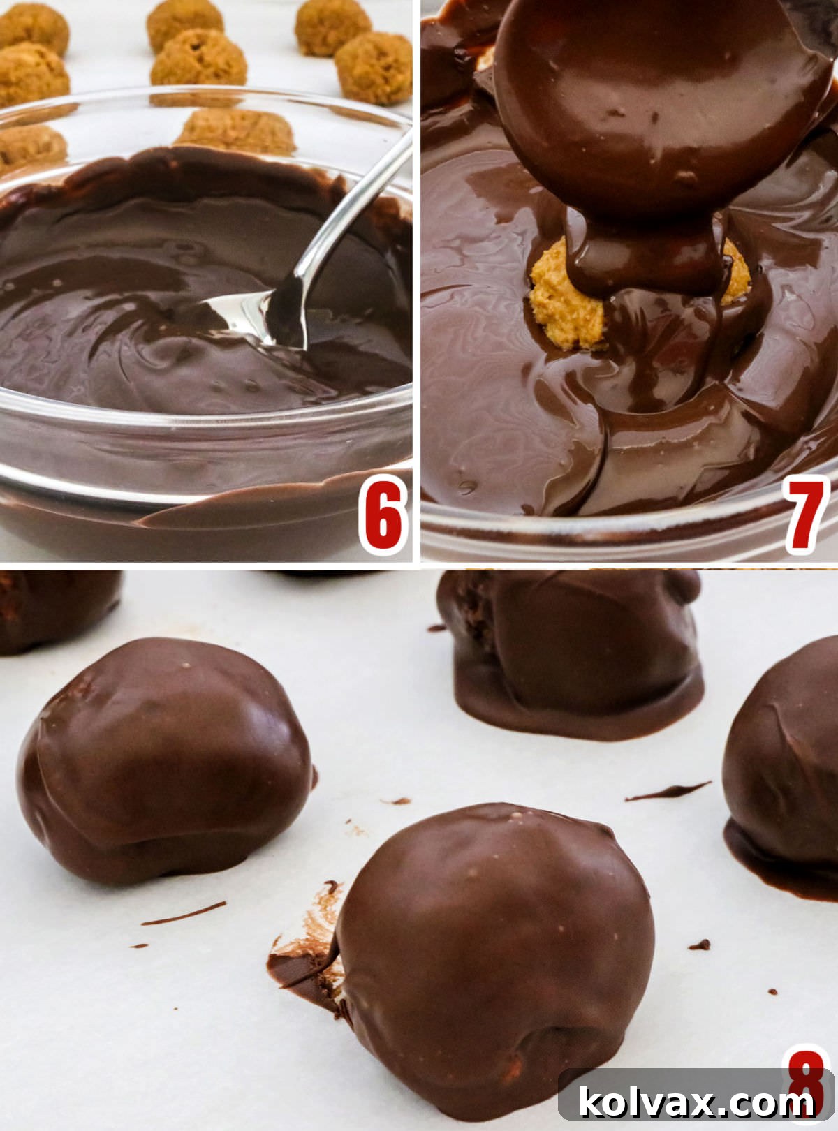 Collage image showing how to cover the peanut butter mixture in chocolate.