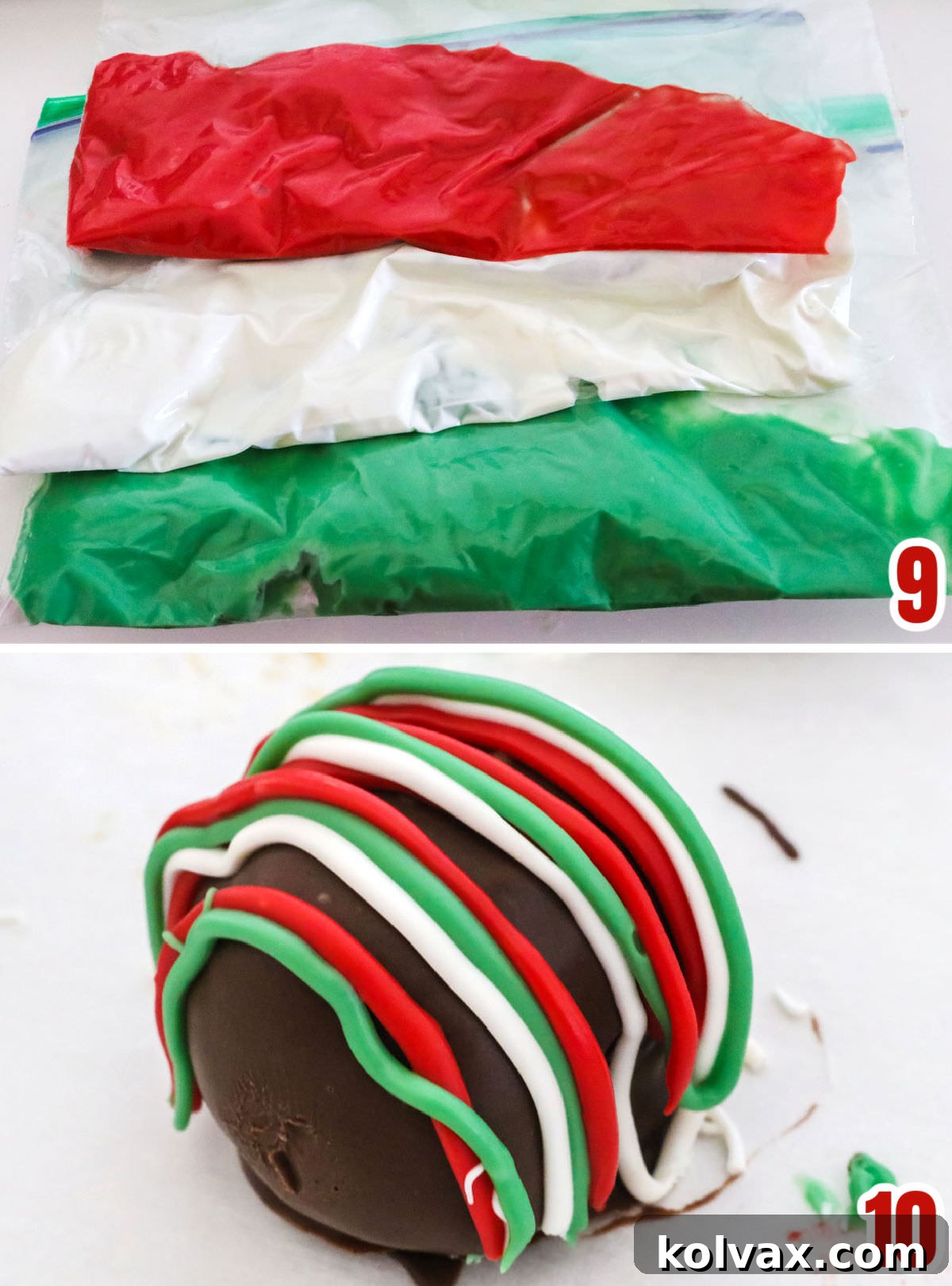 Collage image showing the steps for drizzling melted candy melts on the chocolate candy.