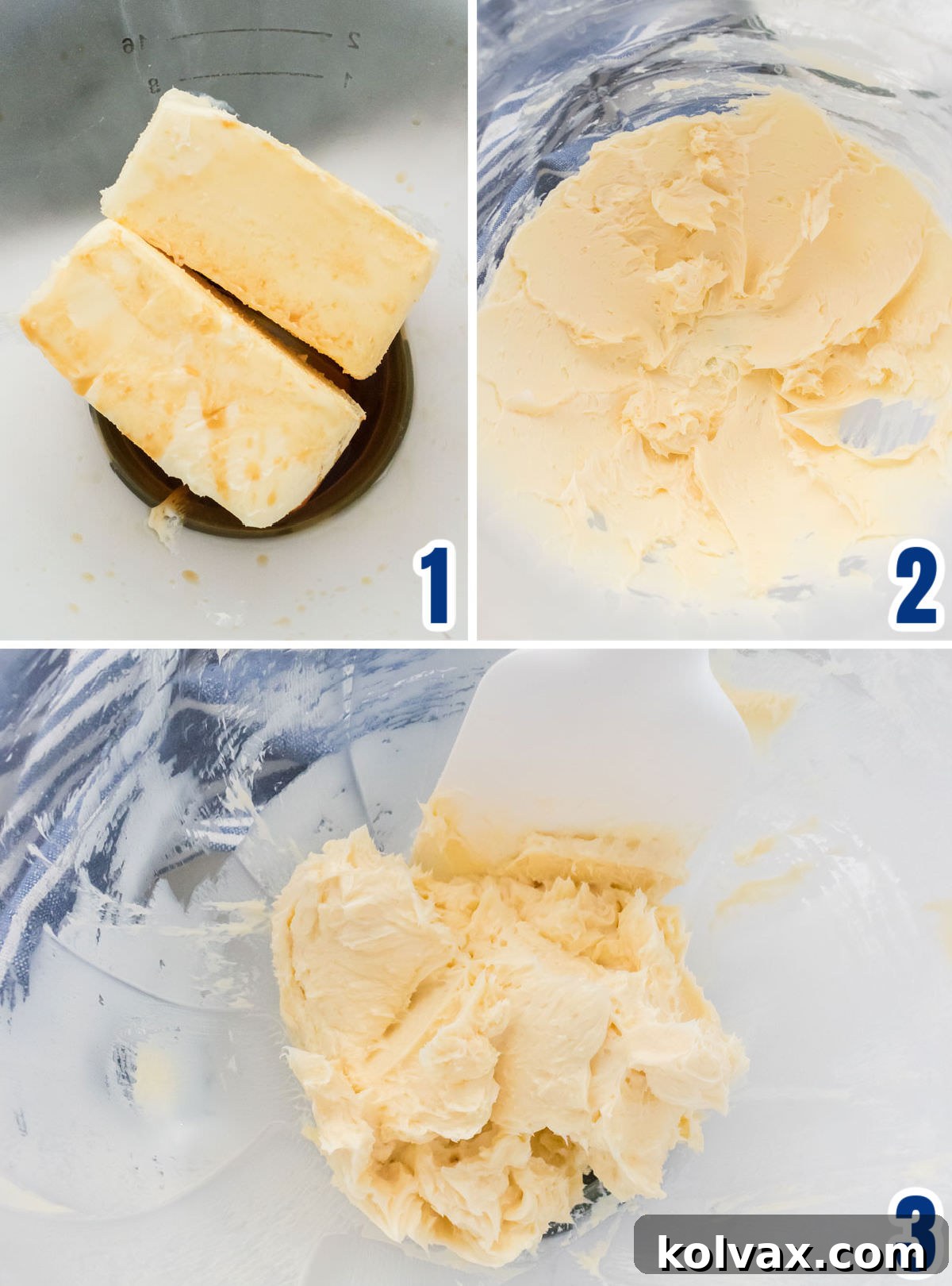 Collage image showing how to cream the butter and the vanilla extract to make the Vanilla Frosting.