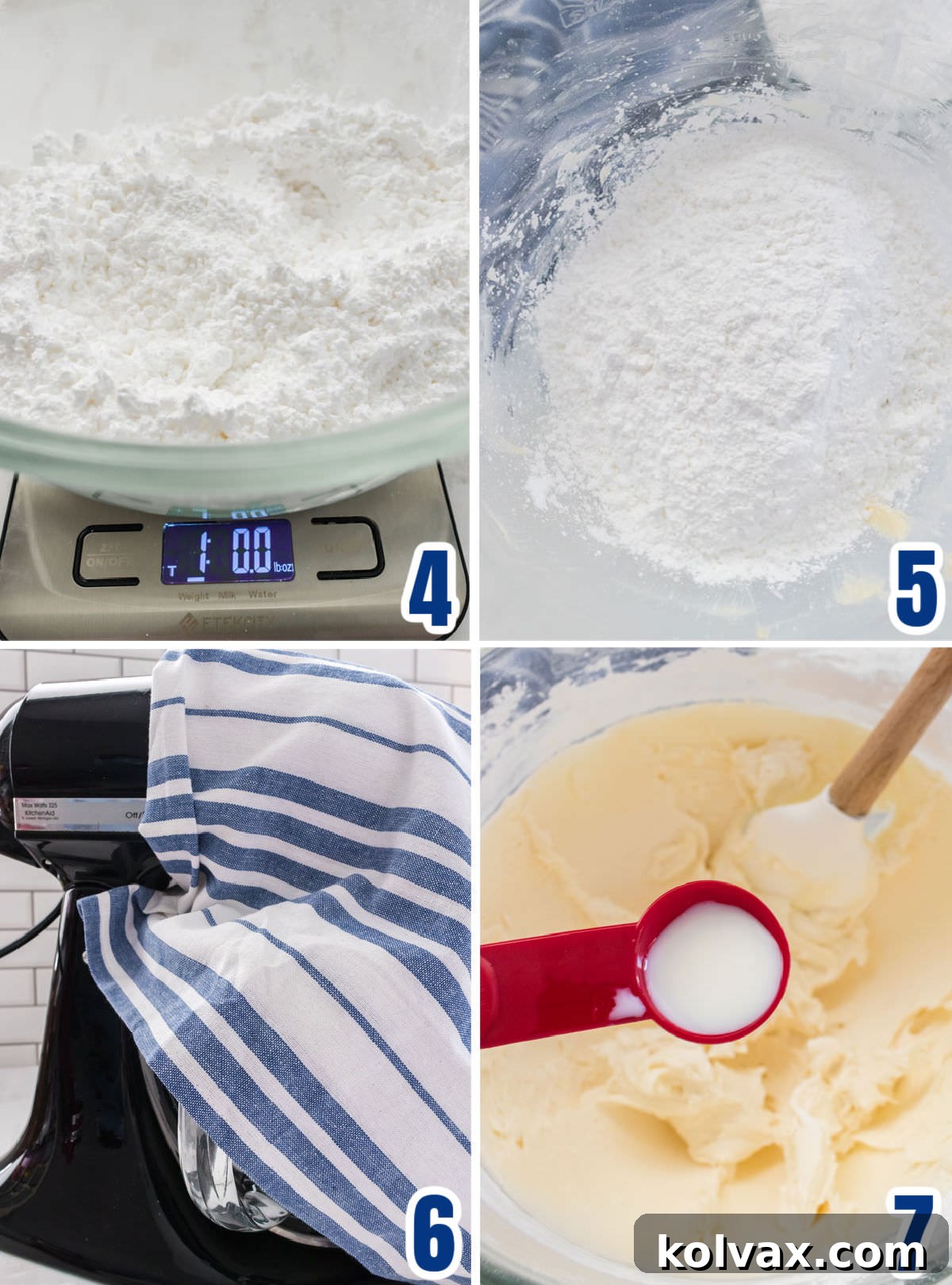 Collage image showing how to add the powdered sugar to the frosting.
