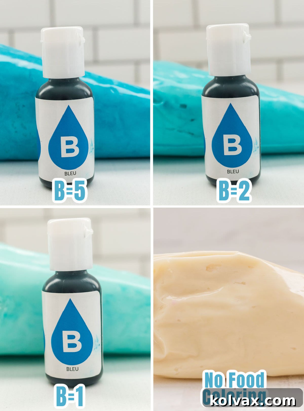 Crystalline Gradient Swirl Cupcakes 6 Collage image showing the food coloring formulas for making teal ombre buttercream frosting, with bowls of frosting gradually getting lighter.