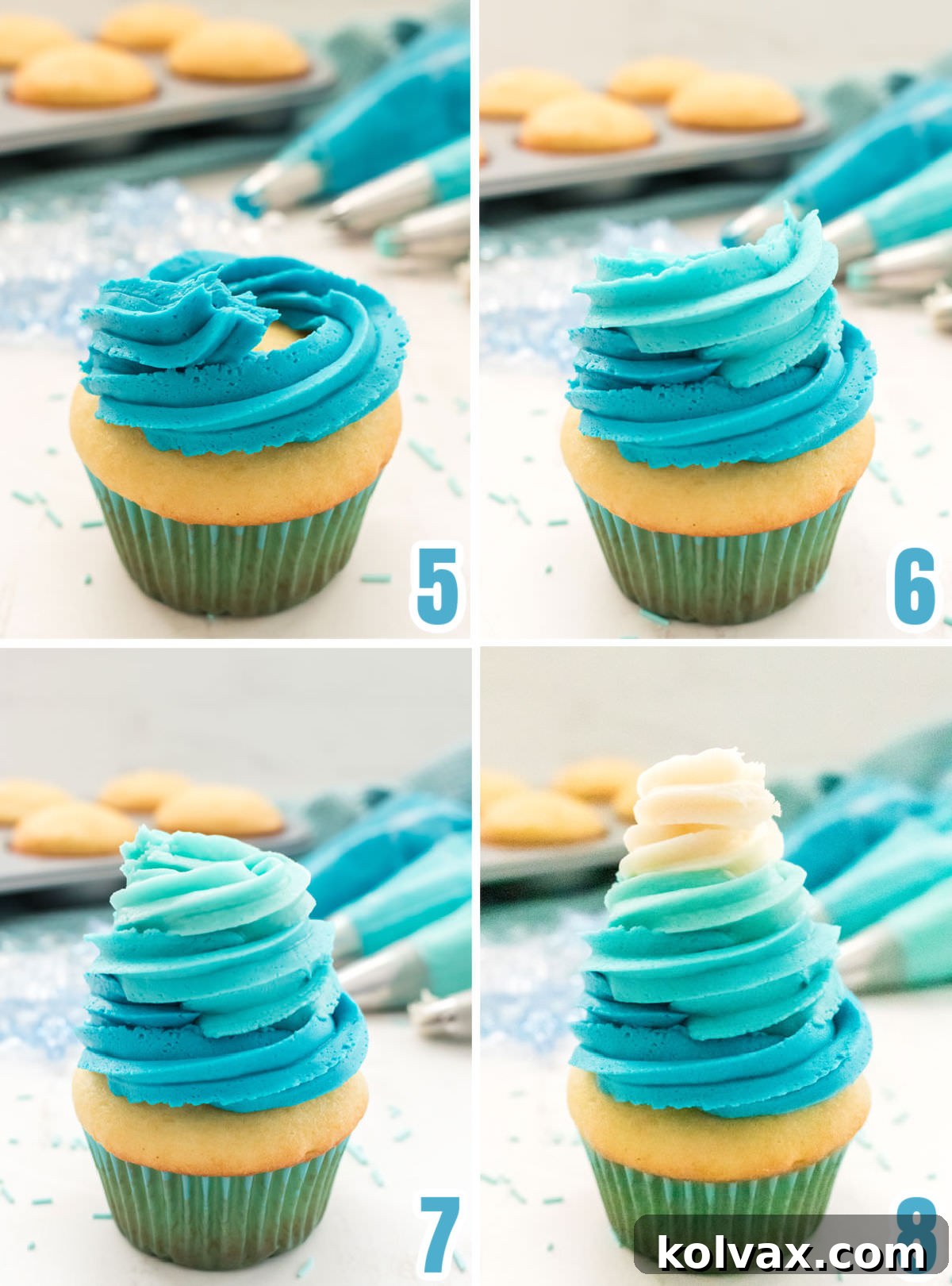 Crystalline Gradient Swirl Cupcakes 8 Collage image showing the step-by-step process for creating the ombre swirl effect for the Frozen Birthday Party Cupcakes, from dark teal base to white peak.