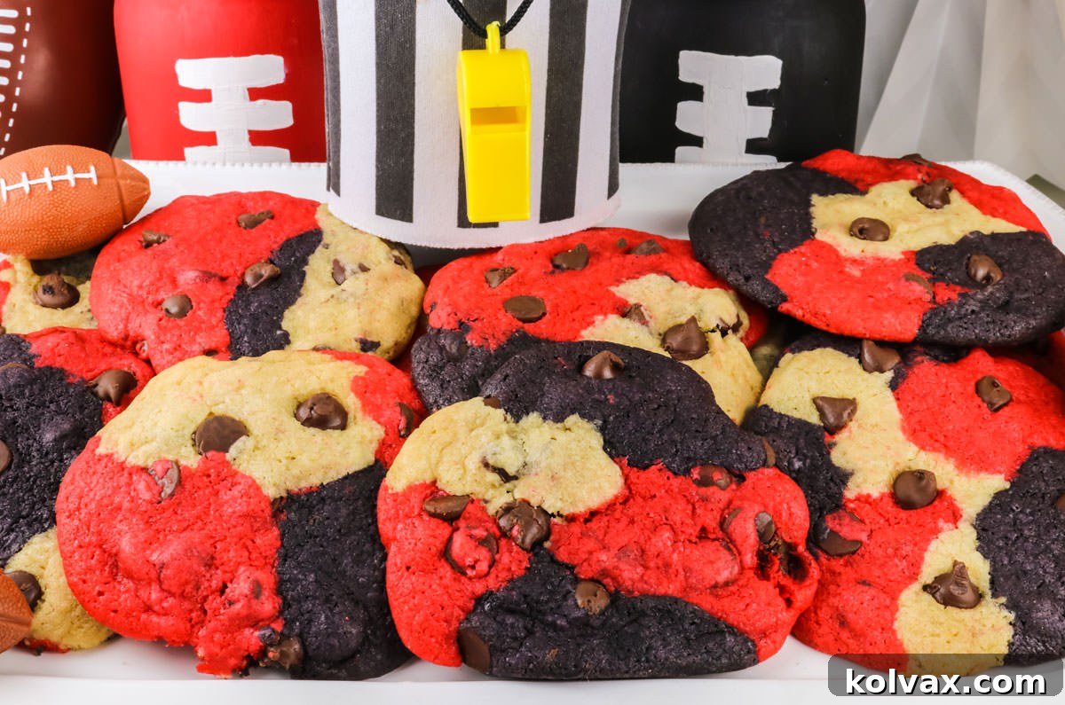 Closeup on a batch of Atlanta Falcons Chocolate Chip Cookies laying on a white serving platter in front of football decorations.