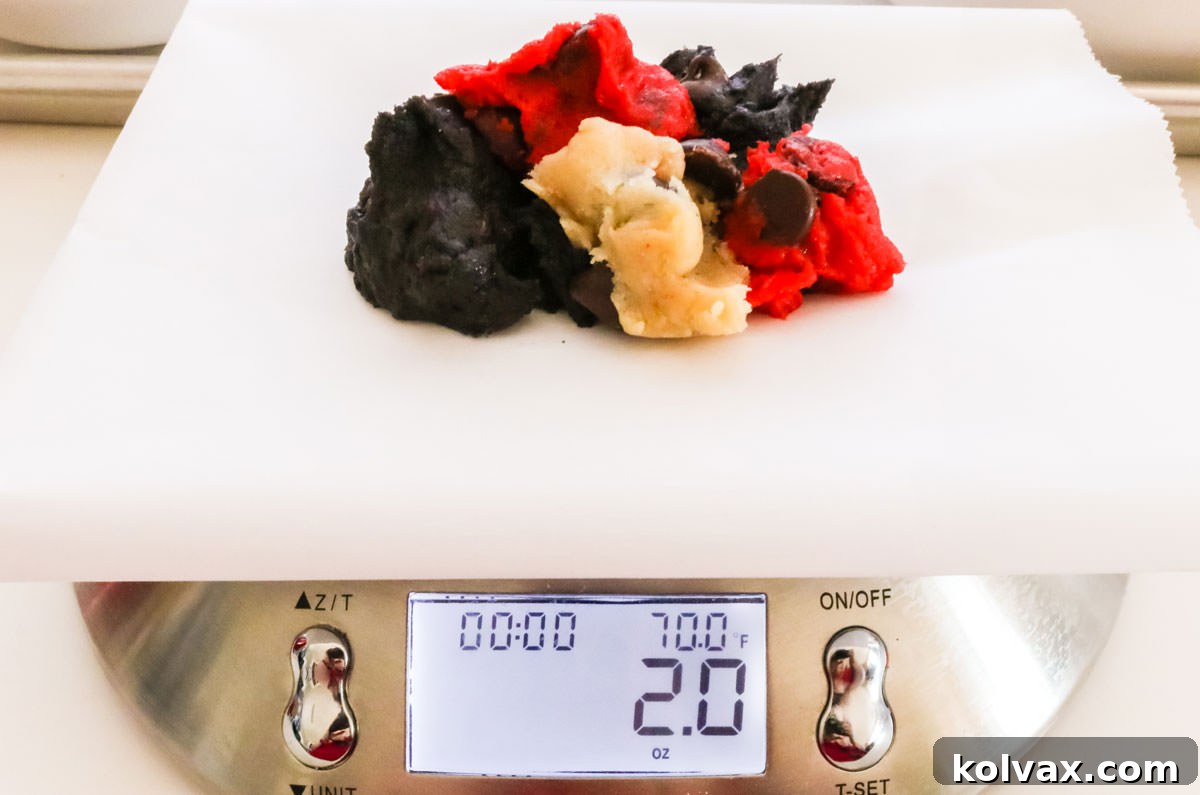 Close up on a food scale holding red, black and white cookie dough in a marble pattern.