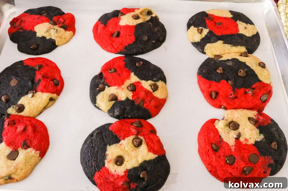 Cookie sheet filled with Atlanta Falcon Chocolate Chip Cookies just out of the oven.