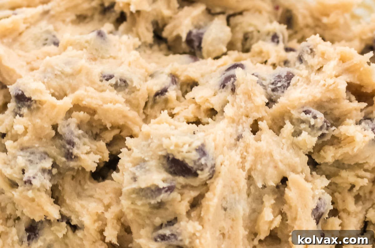 A mixing bowl filled with freshly prepared, raw chocolate chip cookie dough, showing its rich, classic color before any coloring is added.