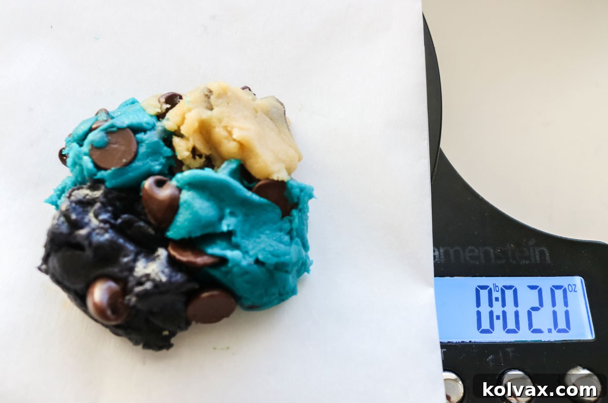 Individual pieces of blue, black, and white chocolate chip cookie dough are artfully arranged and weighed on a food scale, demonstrating the marbling technique before baking.