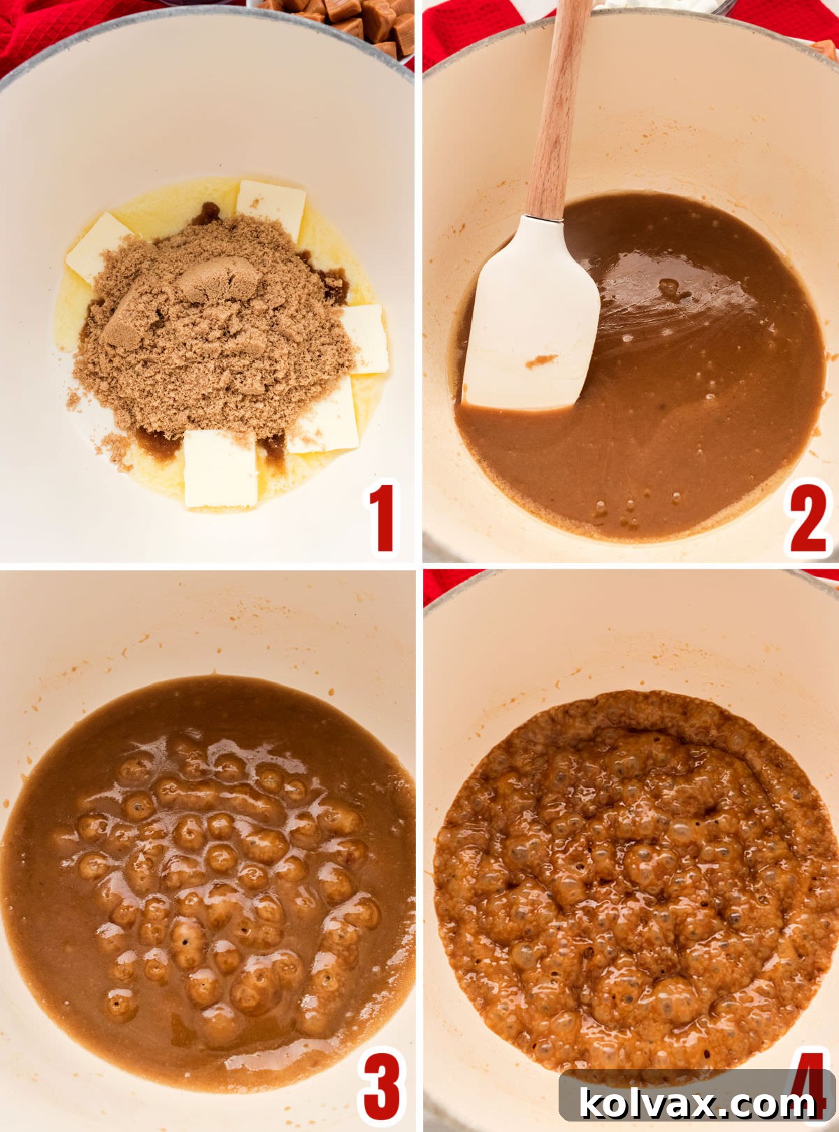 Collage image showing the steps for making a homemade caramel sauce for the Rice Krispie Treats.