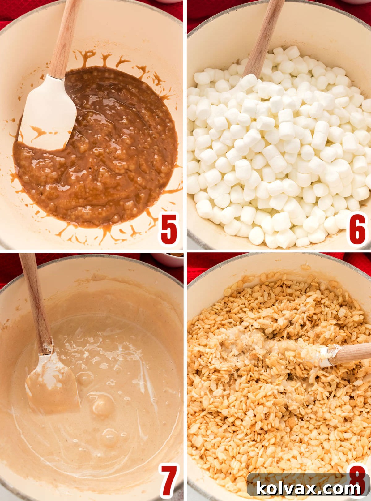 Collage image showing the steps for add the marshmallows and Rice Krispie Cereal to the caramel sauce.