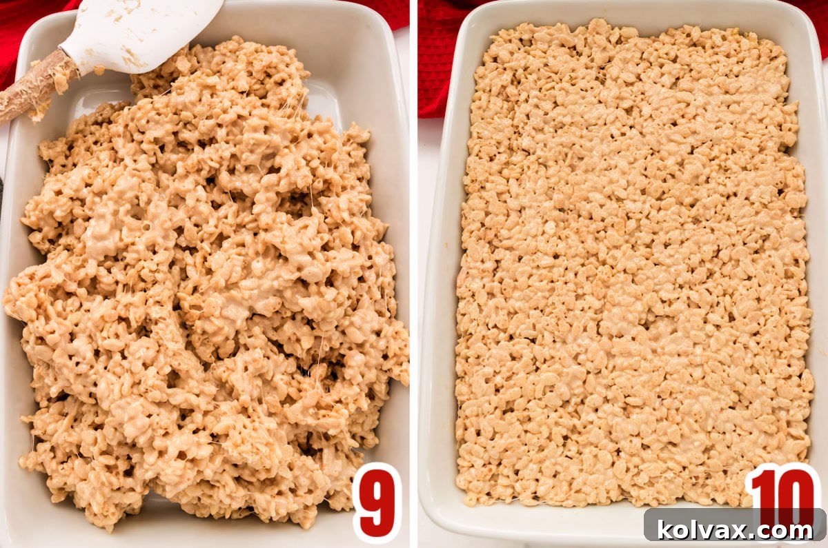 Collage image showing the steps for pour the Caramel Rice Krispie Treat mixture into a serving pan.
