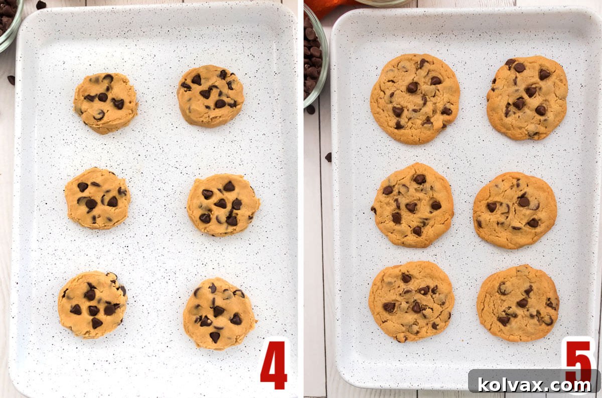 Collage image showing the cookies before going in the oven and after coming out of the oven.