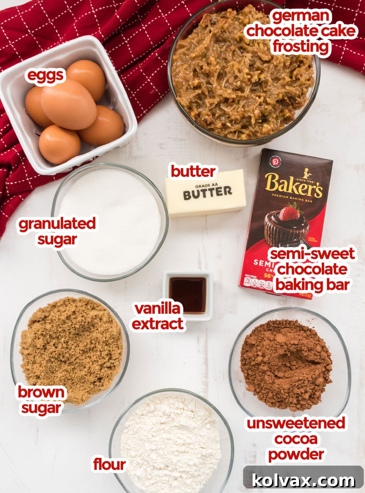 All the necessary ingredients laid out for making German Chocolate Brownies, including butter, eggs, sugars, chocolate, cocoa powder, flour for the brownies, and evaporated milk, egg yolks, coconut, pecans, and vanilla for the frosting.
