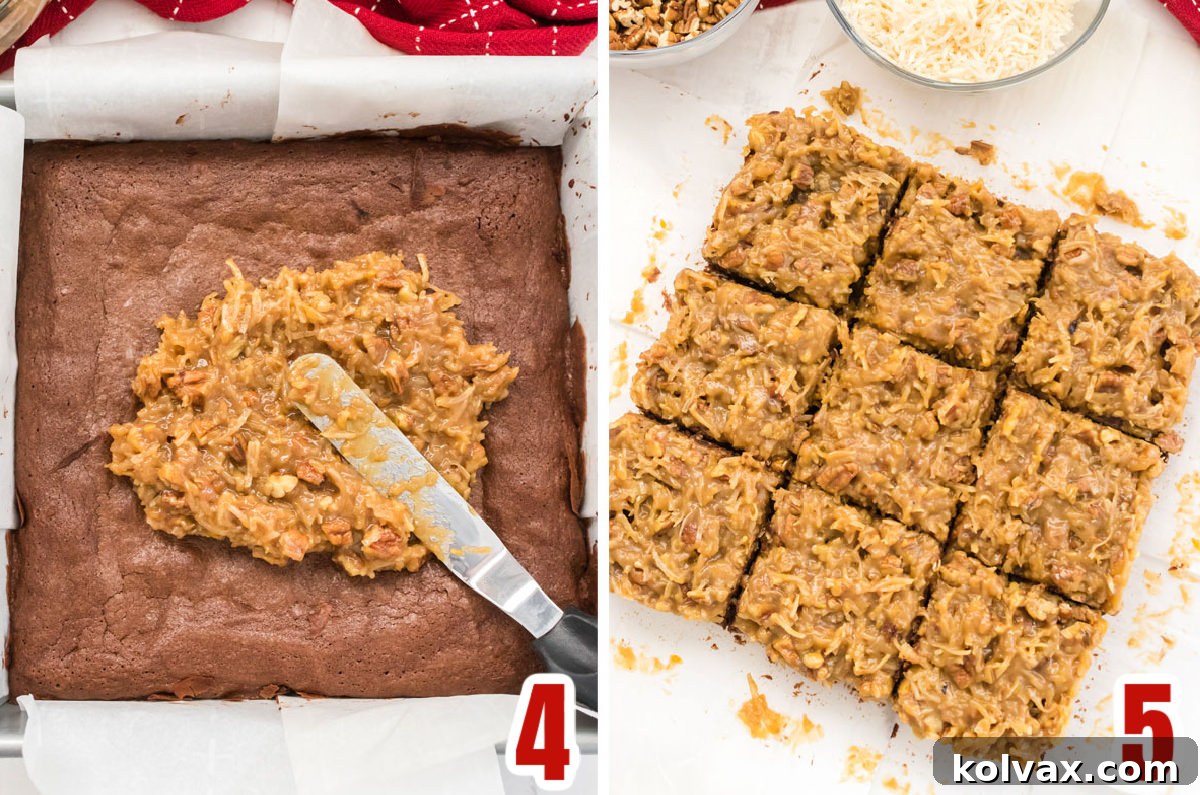 A collage of images showing the final steps of preparing German Chocolate Brownies, including spreading the frosting, lifting the brownies from the pan, and cutting them into squares.