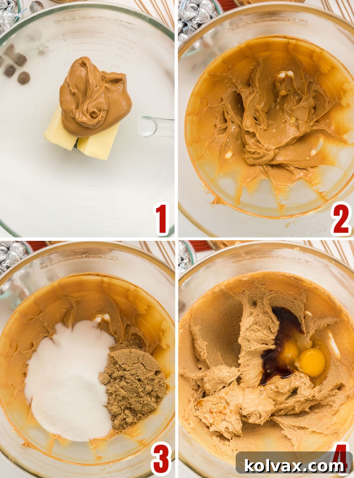 Peanut Butter Blossoms 3 A step-by-step collage illustrating the initial stages of making peanut butter blossom cookie dough: creaming butter and peanut butter, adding granulated and brown sugars, and finally incorporating eggs and vanilla to achieve a light and fluffy consistency.