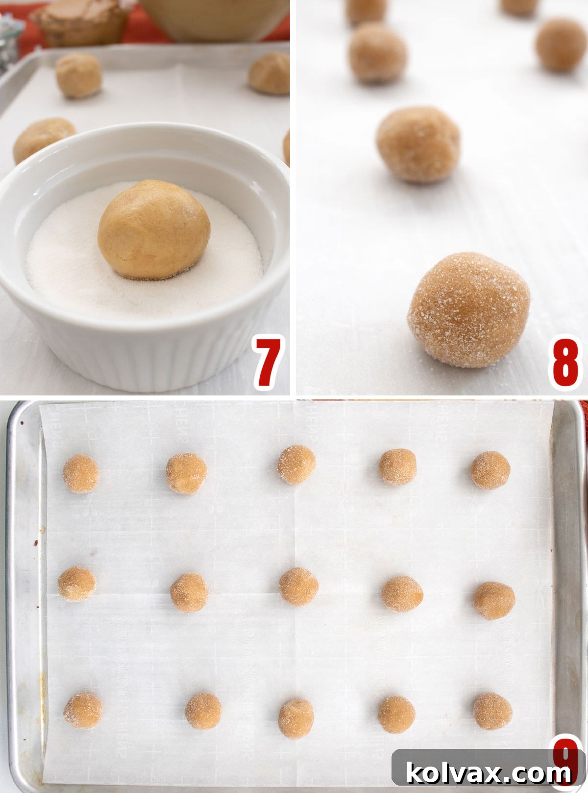 Peanut Butter Blossoms 5 A collage image showing the process of preparing peanut butter cookie dough for baking: measuring dough portions, rolling them in granulated sugar, and placing them evenly spaced on a parchment-lined cookie sheet.