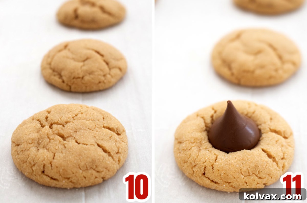 Peanut Butter Blossoms 6 A collage image demonstrating the finishing touch for Peanut Butter Blossoms: gently pressing a Hershey's Chocolate Kiss into the center of a still-warm peanut butter cookie on the cookie sheet.