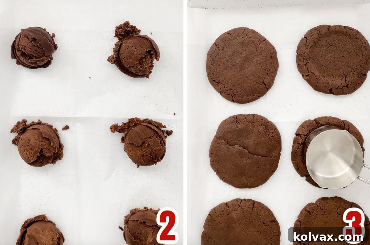 A collage displaying unbaked chocolate cookie dough balls on a baking sheet next to a photo of perfectly baked, indented German Chocolate Cookies.