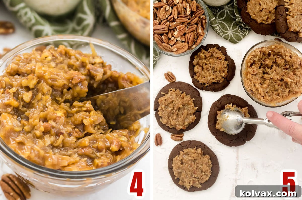 A collage illustrating the step-by-step process of frosting German Chocolate Cake Cookies, showing a dollop of coconut pecan frosting being applied to the indented cookies.