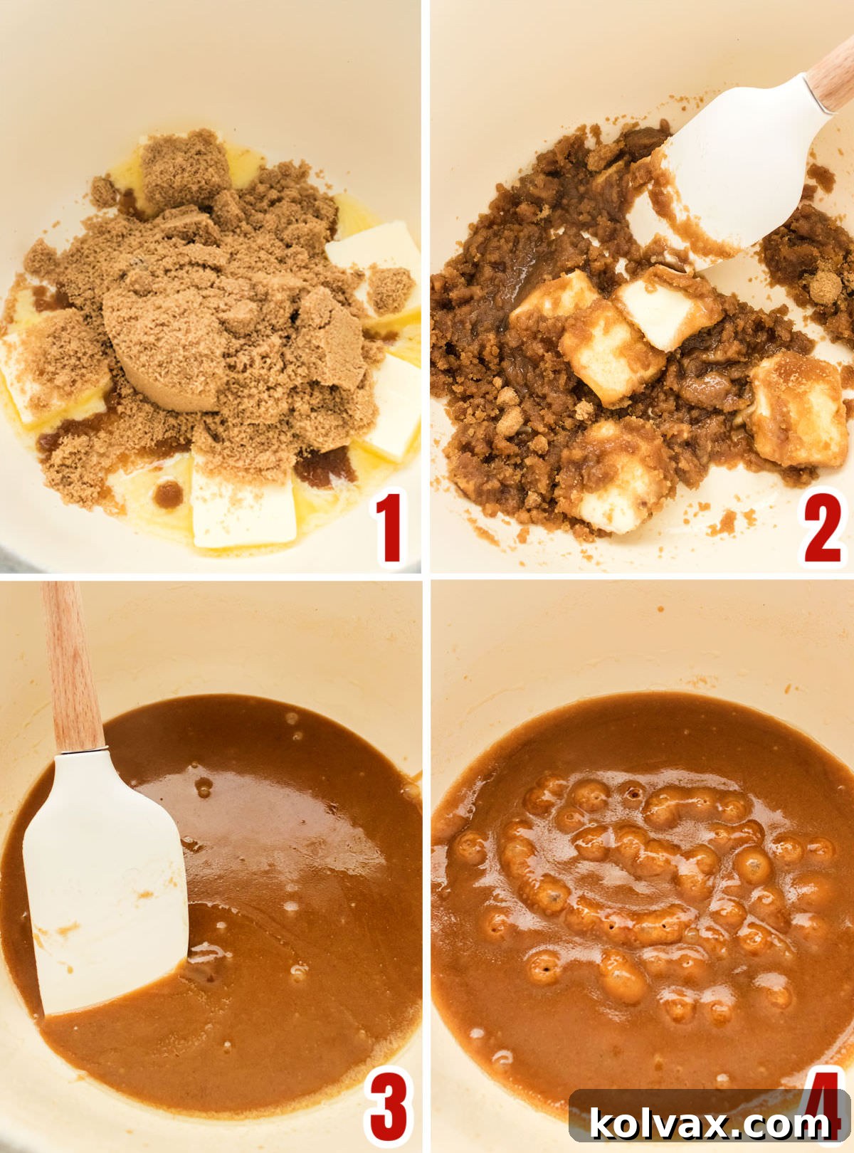 Salted Caramel Krispie Bliss 4 A four-panel collage illustrating the methodical process of making homemade caramel sauce. Panel 1 shows butter and brown sugar beginning to melt in a saucepan. Panel 2 captures the mixture being continuously stirred for even incorporation. Panel 3 displays the caramel mixture reaching a gentle, slow boil with bubbles forming. Panel 4 presents the finished simmering caramel sauce, rich and golden, just before the salt is added.