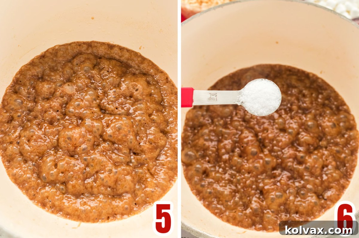 Salted Caramel Krispie Bliss 5 A two-panel collage showing the crucial steps of adding salt to caramel. Panel 1 features the rich, golden caramel mixture simmering gently in a saucepan without any stirring. Panel 2 shows a hand sprinkling white Kosher salt into the caramel, illustrating the moment the 'salted' magic happens.