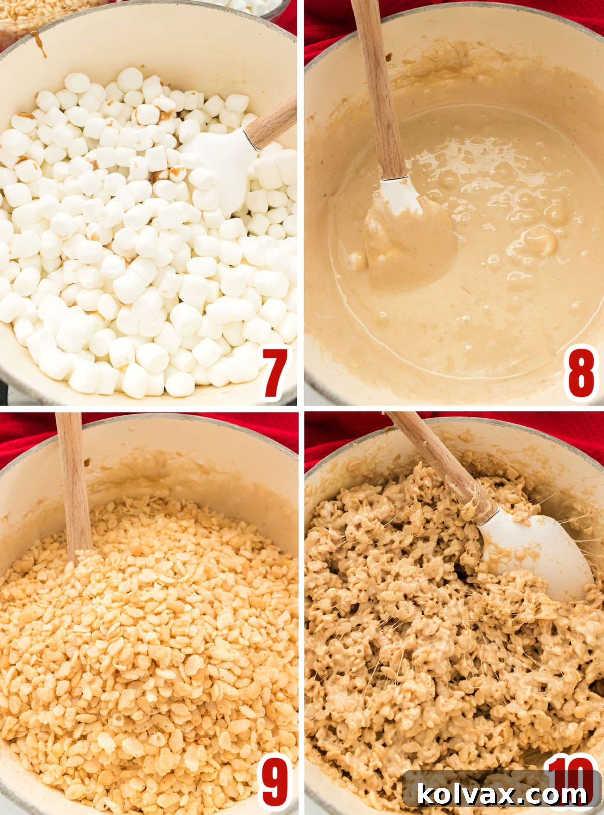 Salted Caramel Krispie Bliss 6 A four-panel collage illustrating the seamless integration of key ingredients. Panel 1 shows mini marshmallows being gently added to the warm caramel mixture in a saucepan. Panel 2 captures the marshmallows melting down and being stirred into the caramel, creating a smooth, gooey blend. Panel 3 displays the Rice Krispie cereal being poured into the marshmallow-caramel base. Panel 4 demonstrates the cereal being carefully folded into the mixture, ensuring every piece is coated without crushing.